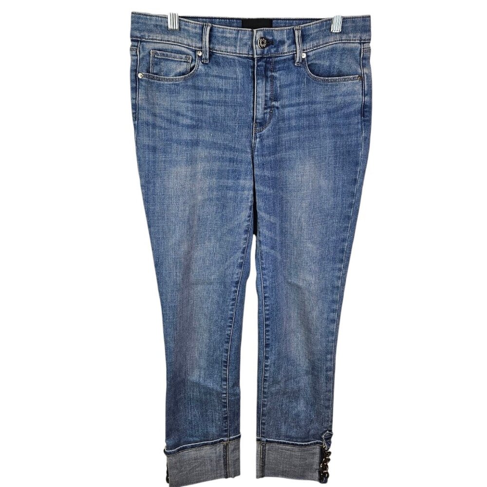 White House Black Market The Slim Ankle Mid Rise Jeans Size 4 Cuffed Chain Detai
